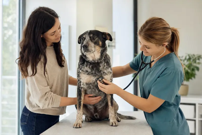 Ein ruhiger Chinesischer Kampfhund wird in einer modernen Tierarztpraxis von einer freundlichen Tierärztin mit einem Stethoskop untersucht, während der Besitzer beruhigend danebensteht.