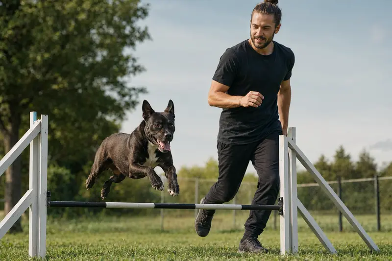 Ein Chinesischer Kampfhund springt mit seinem Besitzer über eine kleine Trainingshürde auf dem Hundeplatz.