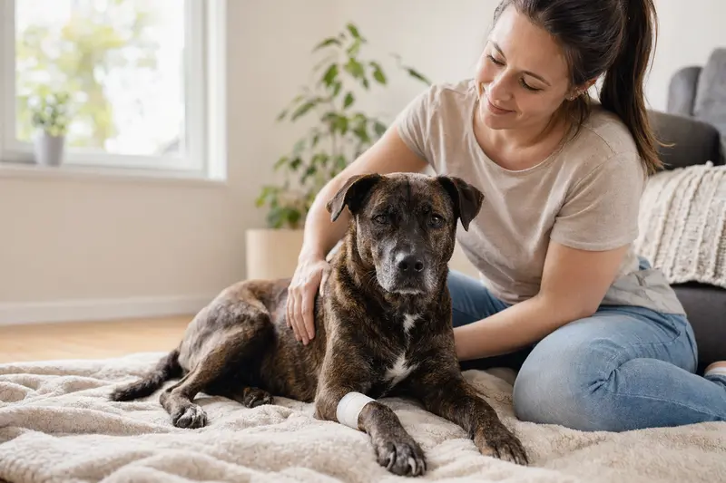 Ein Chinesischer Kampfhund mit leichtem Verband an der Pfote liegt ruhig auf einer Decke neben seinem erleichterten Besitzer in einer hellen Wohnung.