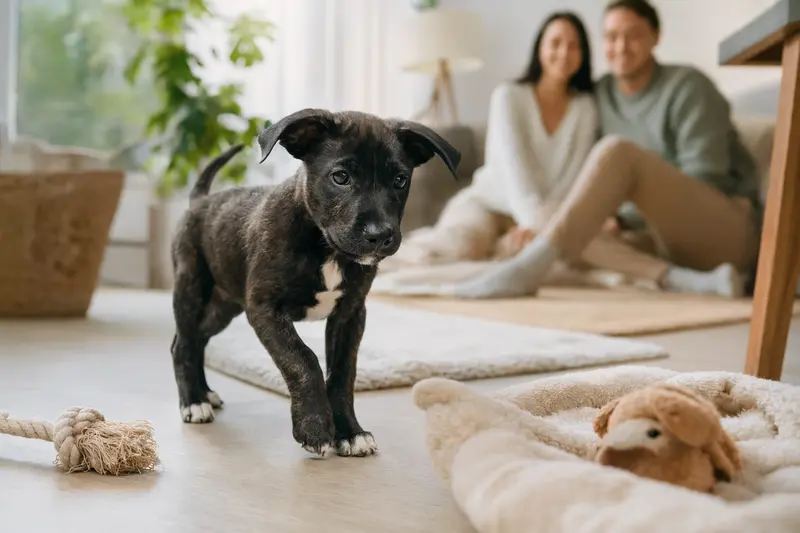 Ein neugieriger Chinesischer Kampfhund Welpe erkundet sein neues Zuhause und wird von seiner liebevollen Familie umgeben.