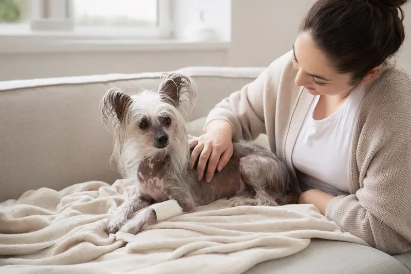 Ein Chinesischer Schopfhund mit leichtem Verband an der Pfote entspannt auf einer Decke, während sein Besitzer beruhigt neben ihm sitzt.
