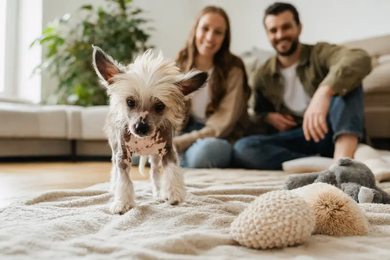Ein neugieriger Chinesischer Schopfhund Welpe erkundet sein neues Zuhause und spielt mit einem Spielzeug, während die Familie im Hintergrund liebevoll zuschaut.