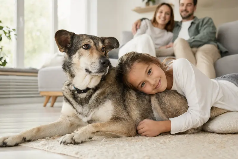 Ein freundlicher Chinook Hund, der entspannt neben einem Kind im Wohnzimmer liegt und eine vertrauensvolle Atmosphäre schafft.
