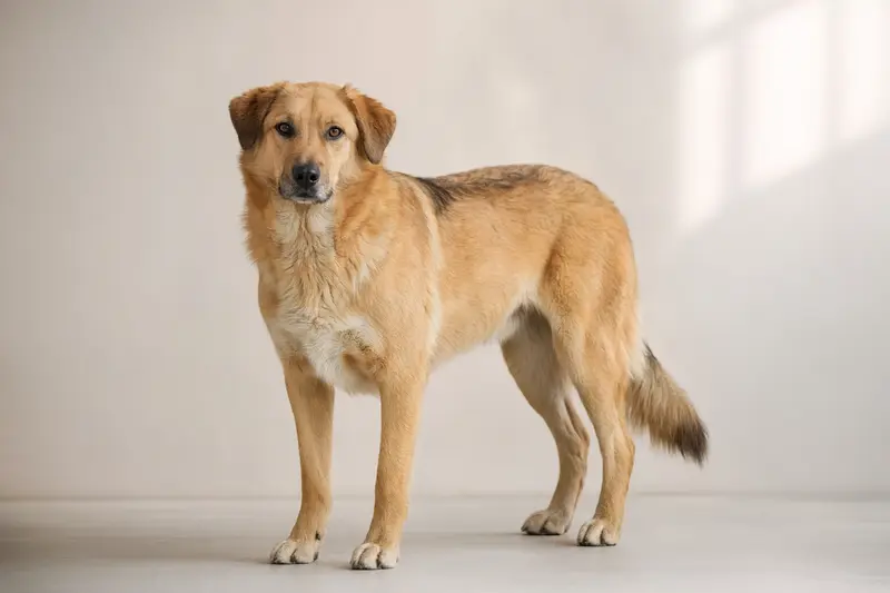 Ein aufmerksamer Chinook Hund steht in natürlicher Haltung vor hellem Hintergrund und wirkt wie ein professionelles Tierportrait.