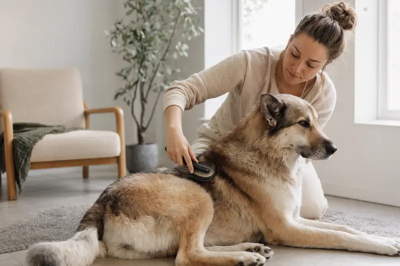 Ein Chinook Hund wird in einer hellen Wohnung von seinem Besitzer sanft gebürstet und gepflegt.