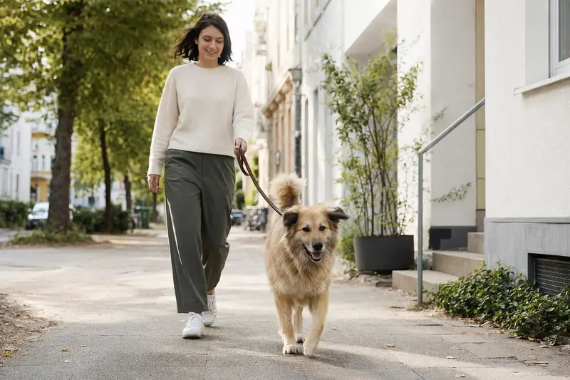 Ein Chinook Hund läuft an der Leine mit seinem Besitzer durch eine moderne Stadtstraße im Alltag.