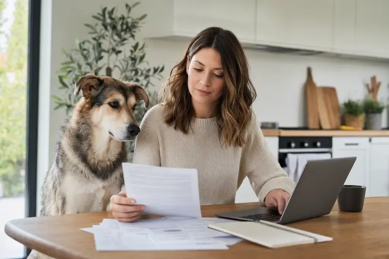 Ein Chinook Hund sitzt entspannt neben seinem Besitzer am Küchentisch mit Versicherungsunterlagen und einem Laptop.