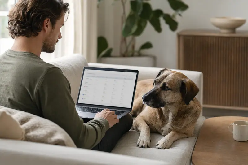 Ein Hundebesitzer sitzt mit einem Laptop auf dem Sofa, während ein Chinook-Hund daneben liegt und eine Versicherungsvergleichsseite betrachtet.