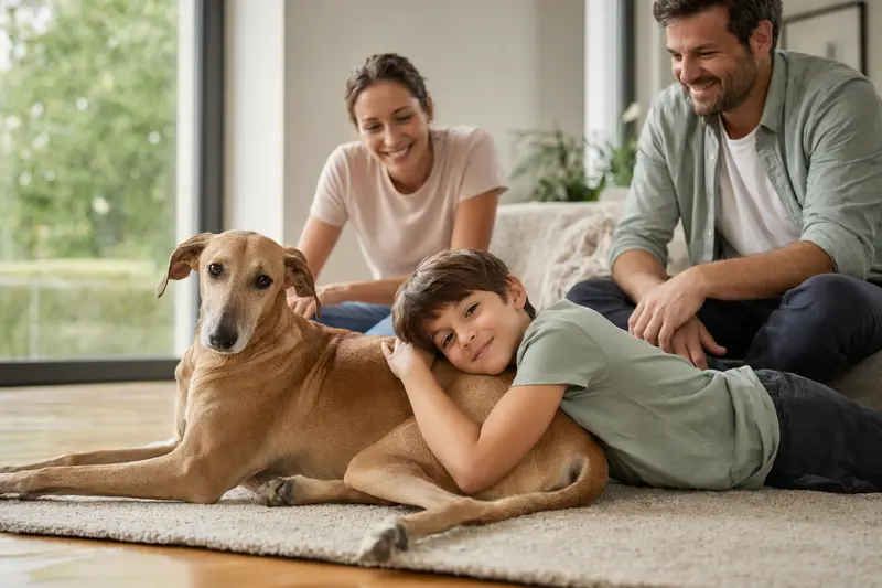 Ein entspannter Chippiparai Hund liegt neben einem lächelnden Kind im Wohnzimmer, umgeben von einer warmen, familiären Atmosphäre.