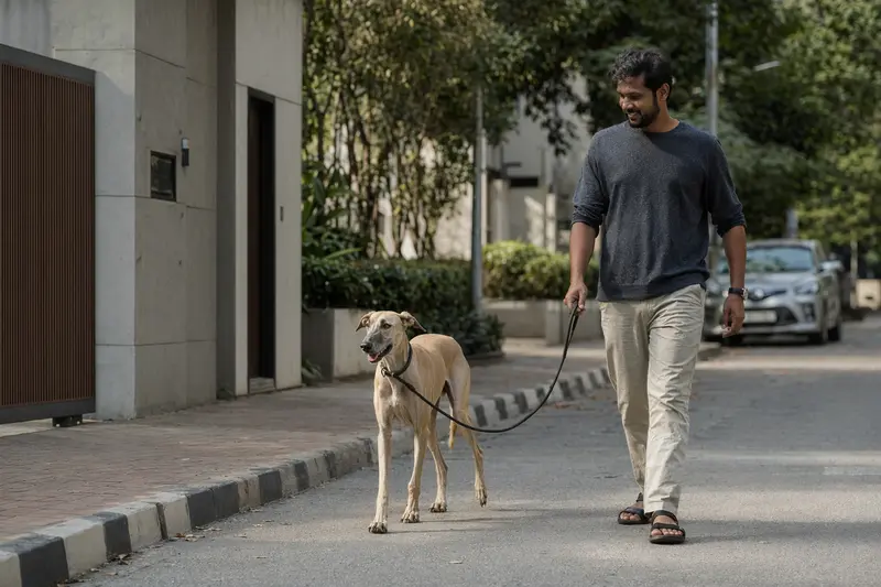 Ein Chippiparai Hund läuft an der Leine mit seinem Besitzer durch eine moderne Stadtstraße.