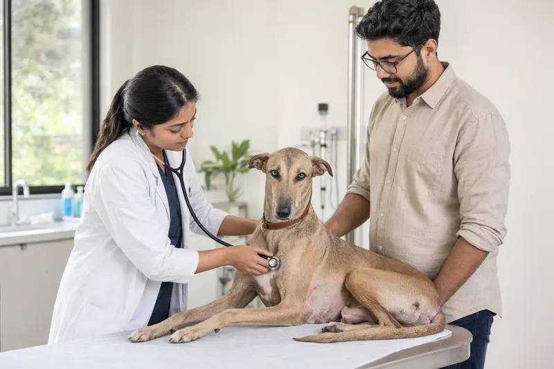 Ein Chippiparai Hund wird von einer freundlichen Tierärztin in einer modernen Praxis mit einem Stethoskop untersucht, während der Besitzer beruhigend daneben steht.