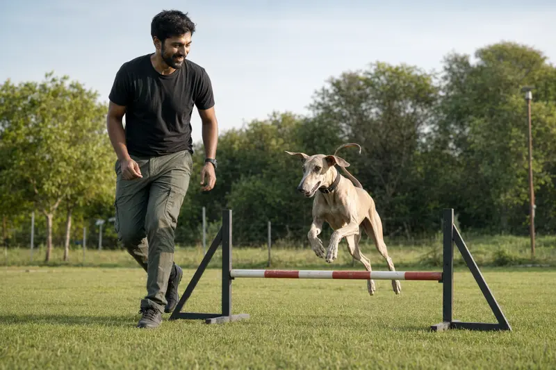 Ein Chippiparai trainiert mit seinem Besitzer auf einem Hundeplatz über eine kleine Hürde und wirkt dabei konzentriert und freudig.