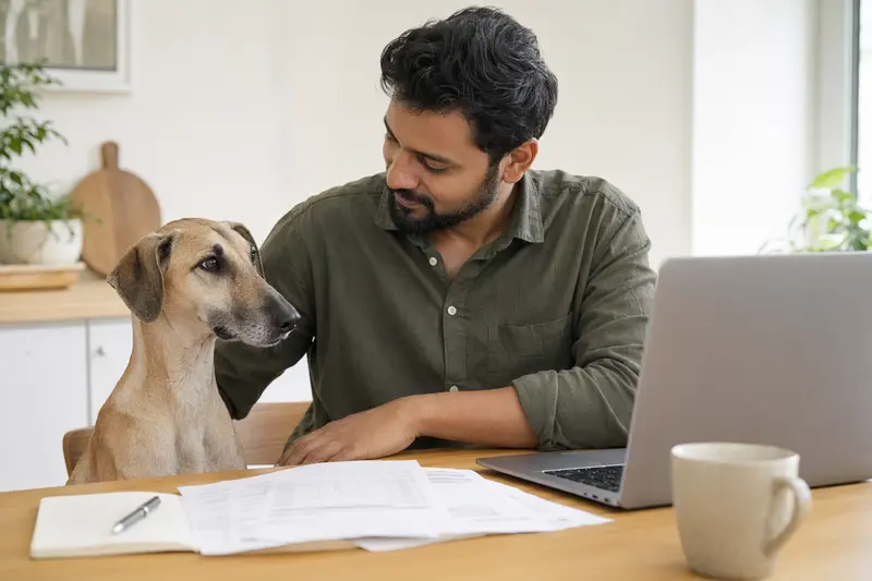 Ein Chippiparai Hund sitzt entspannt neben seinem Besitzer am Küchentisch mit Versicherungsunterlagen und einem Laptop.