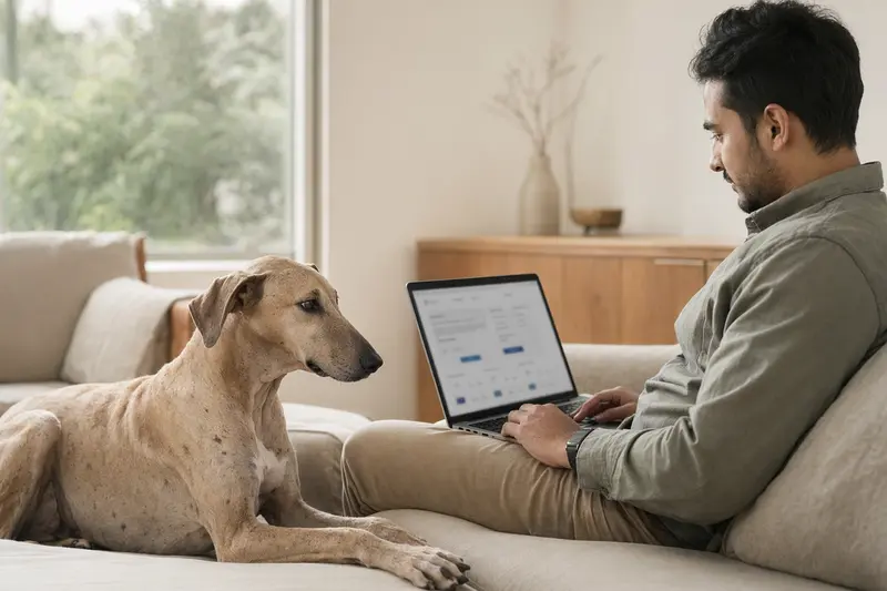 Ein Hundebesitzer sitzt mit seinem Chippiparai-Hund auf dem Sofa und vergleicht Tierkrankenversicherungen am Laptop.