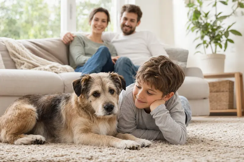 Ein entspannter Chodenhund liegt neben einem Kind im Wohnzimmer und genießt die familiäre Atmosphäre.