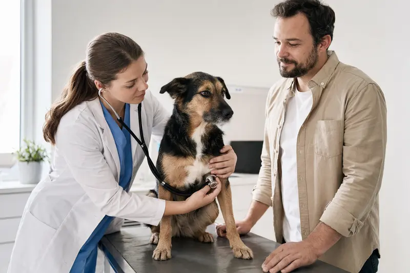 Ein ruhiger Chodenhund wird von einer freundlichen Tierärztin in einer modernen Praxis mit einem Stethoskop untersucht.