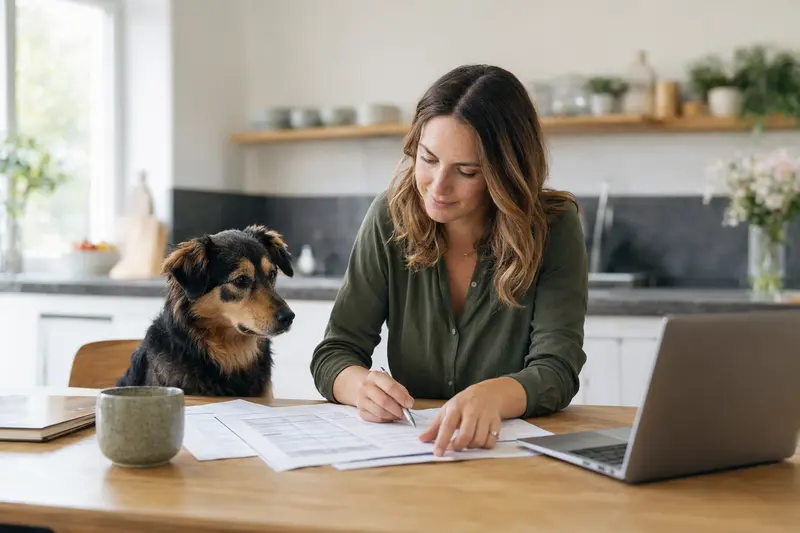 Ein Chodenhund sitzt entspannt neben seinem Besitzer am Küchentisch, während Versicherungsunterlagen und ein Laptop sichtbar sind.