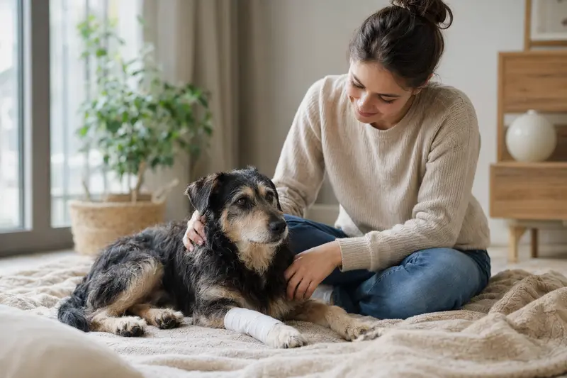 Ein Chodenhund mit leichtem Verband an der Pfote entspannt auf einer Decke, während sein Besitzer neben ihm sitzt und erleichtert aussieht.