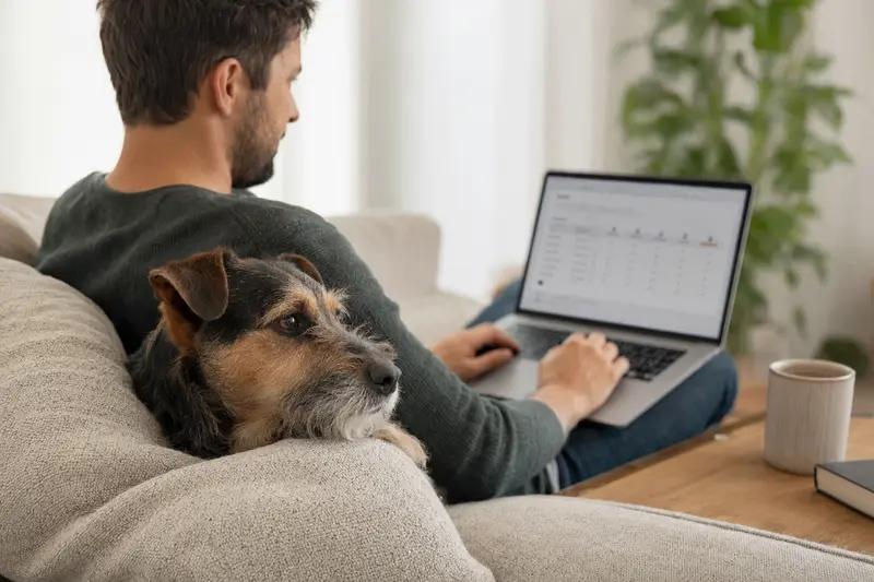 Ein Hundebesitzer sitzt auf dem Sofa mit Laptop, neben ihm ein Chodenhund, während er eine Versicherungsvergleichsseite betrachtet.