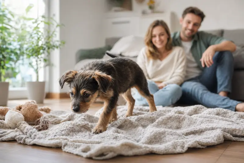 Ein junger Chodenhund Welpe erkundet neugierig sein neues Zuhause mit einer weichen Decke und Spielzeug, während eine liebevolle Familie im Hintergrund zu sehen ist.
