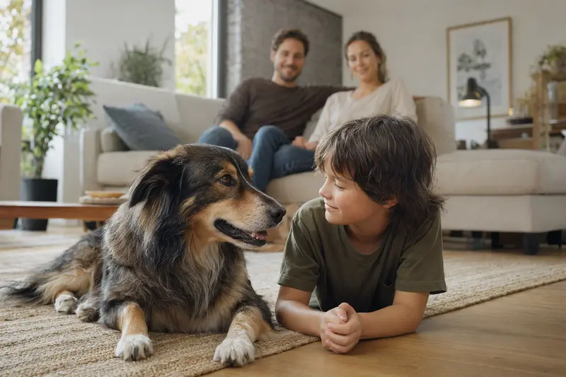 Ein entspannter Chodenländer Hund liegt neben einem Kind in einem hellen Wohnzimmer.