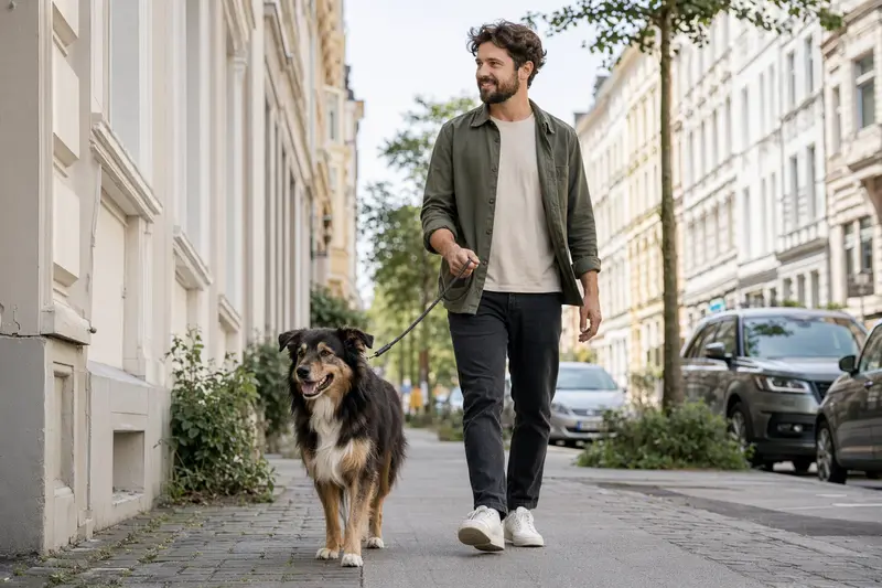 Ein Chodenländer Hund läuft an der Leine mit seinem Besitzer durch eine moderne Stadtstraße.
