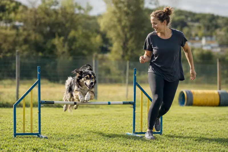Ein Chodenländer Hund springt beim Training mit seinem Besitzer über eine kleine Hürde auf dem Hundeplatz.
