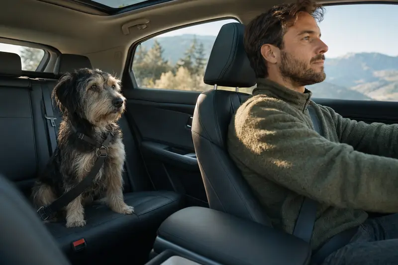 Ein Chodenländer Hund sitzt sicher angeschnallt auf der Rückbank eines Autos und genießt die Fahrt.