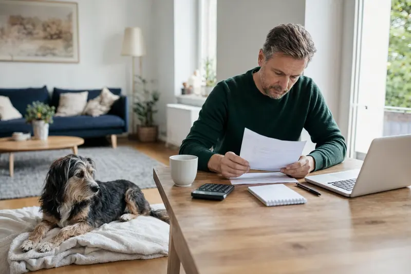 Ein Hundebesitzer sitzt mit einer Tierarztrechnung am Tisch, während ein entspannter Chodenländer Hund auf einer Decke in der hellen Wohnung liegt.