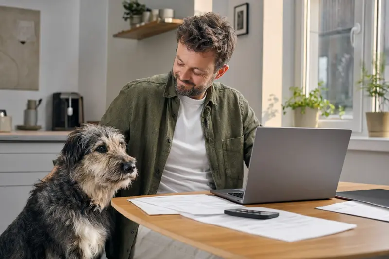 Ein Chodenländer Hund sitzt ruhig neben seinem Besitzer am Küchentisch mit Versicherungsunterlagen und einem Laptop.