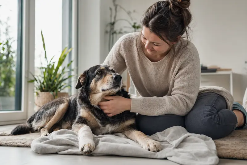 Ein Chodenländer Hund mit leichtem Verband an der Pfote liegt entspannt auf einer Decke, während sein erleichterter Besitzer neben ihm sitzt.