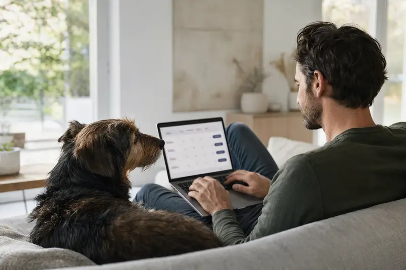 Ein Hundebesitzer arbeitet auf dem Laptop auf dem Sofa, während ein Chodenländer-Hund neben ihm sitzt und eine Versicherungsvergleichsseite betrachtet.