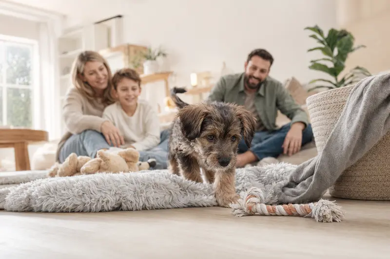Ein neugieriger Chodenländer Welpe erkundet sein neues Zuhause mit Familie im Hintergrund.