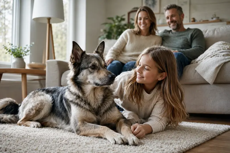Ein Chodsky pes liegt entspannt neben einem Kind im Wohnzimmer und schafft eine vertrauliche Familienatmosphäre.