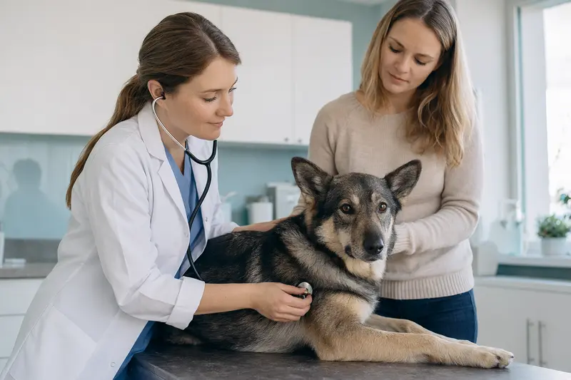 Ein ruhiger Chodsky pes Hund wird von einer freundlichen Tierärztin mit einem Stethoskop in einer modernen Tierarztpraxis untersucht.
