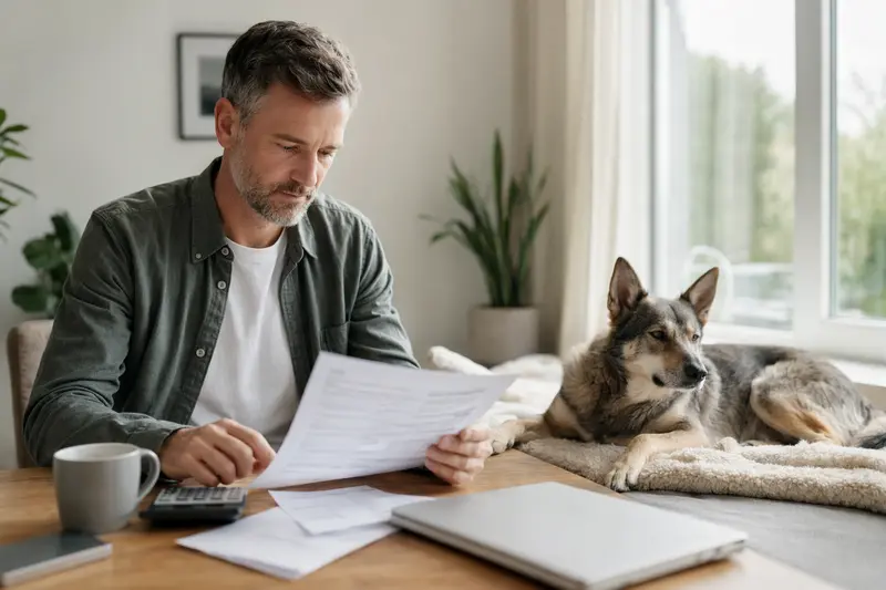Ein Hundebesitzer sitzt mit einer Tierarztrechnung am Tisch, während sein Chodsky pes entspannt auf einer Decke liegt – ein ruhiges Bild zum Thema Hundekrankenversicherung und Tierarztkosten.