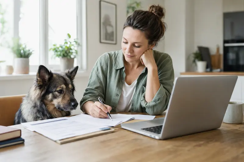 Chodsky pes sitzt entspannt neben seinem Besitzer am Küchentisch mit Versicherungsunterlagen und einem Laptop.
