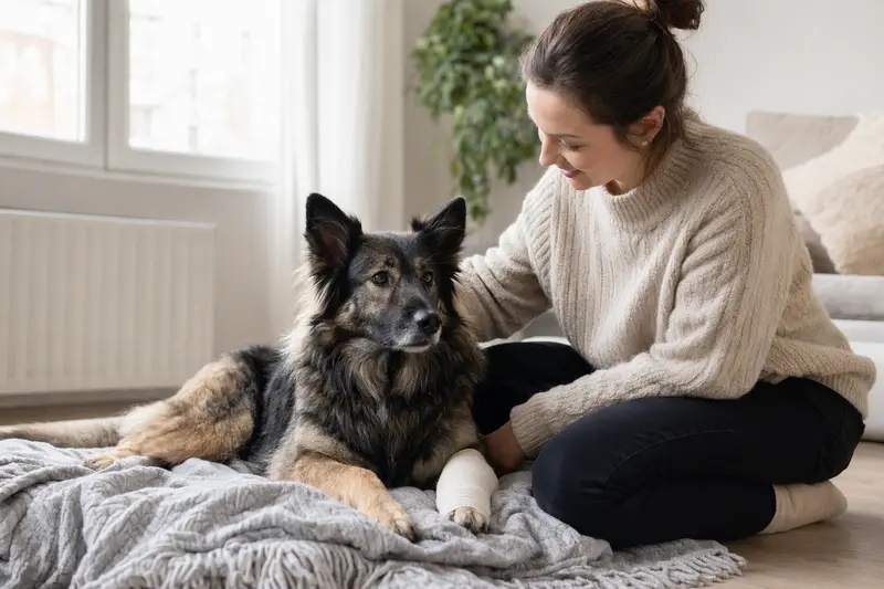 Ein Chodsky pes Hund mit Verband an der Pfote liegt entspannt auf einer Decke neben seinem erleichterten Besitzer.