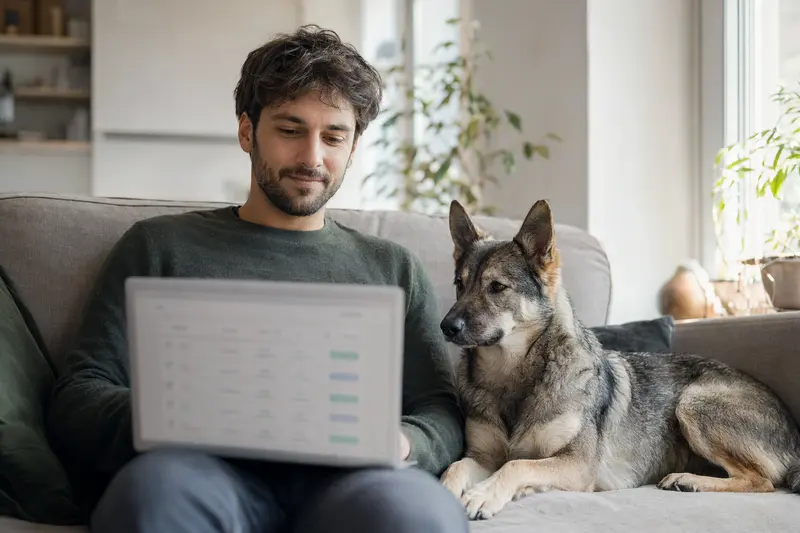 Ein Hund sitzt entspannt neben einem Besitzer, der am Laptop sitzt und eine Versicherungsvergleichsseite betrachtet.