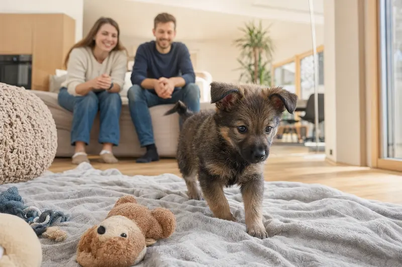 Ein neugieriger Chodsky pes Welpe erkundet sein neues Zuhause, umgeben von seiner liebevollen Familie und gemütlichem Spielzeug.