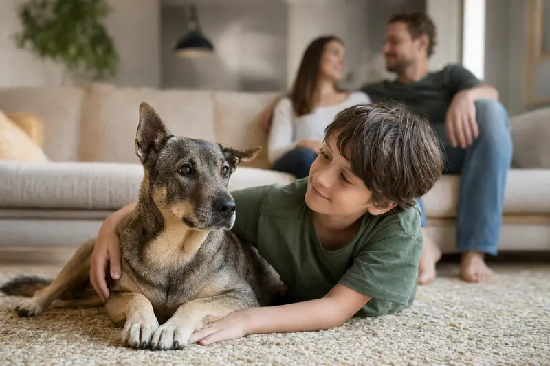 Ein freundlicher Chongqing-Hund entspannt neben einem Kind im Wohnzimmer, während Eltern im Hintergrund zu sehen sind.