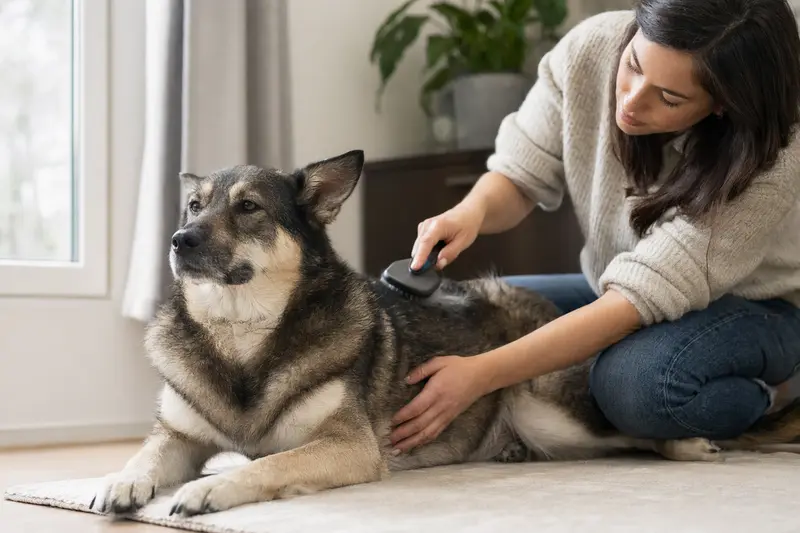 Ein Chongqing-Hund wird in einer hellen Wohnung sanft gebürstet, während sich der Besitzer liebevoll um die Fellpflege kümmert.