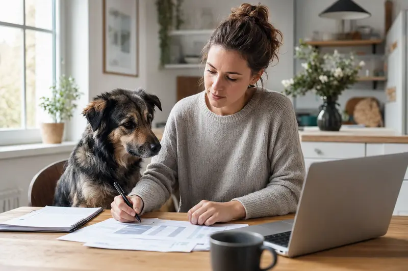 Ein Chongqing-Hund sitzt ruhig neben seinem Besitzer am Küchentisch, während Versicherungsunterlagen und ein Laptop auf dem Tisch liegen.