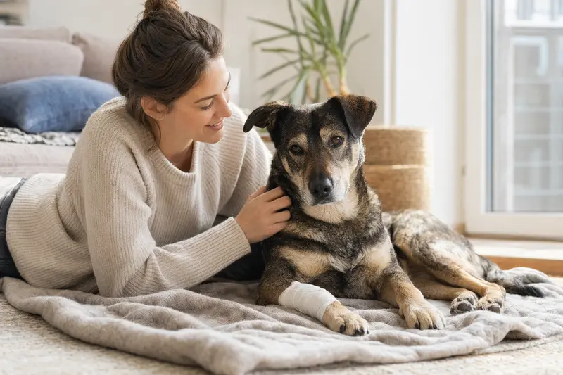 Ein Chongqing-Hund mit leichtem Verband liegt entspannt auf einer Decke, während sein Besitzer sich beruhigt an ihn schmiegt.