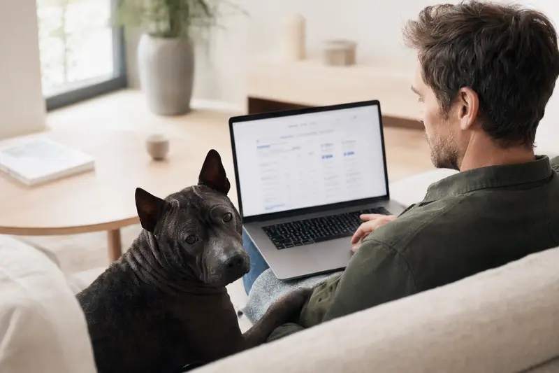 Ein Hundebesitzer sitzt mit einem Chongqing-Hund auf dem Sofa und vergleicht Versicherungen auf einem Laptop.