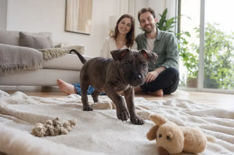 Ein neugieriger Chongqing-Hund Welpe erkundet sein neues Zuhause mit liebevoller Familie im Hintergrund.