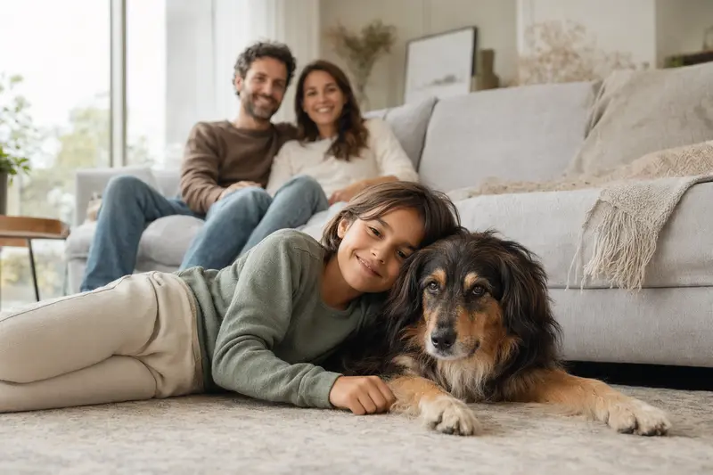 Ein entspannter Chortaj Hund ruht neben einem glücklichen Kind im Wohnzimmer, während die Eltern im Hintergrund eine vertrauensvolle Familienatmosphäre genießen.