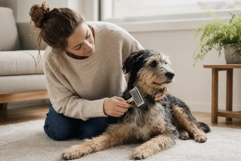 Ein Chortaj Hund wird in einer hellen Wohnung liebevoll gebürstet, während der Besitzer ruhig die Fellpflege übernimmt.