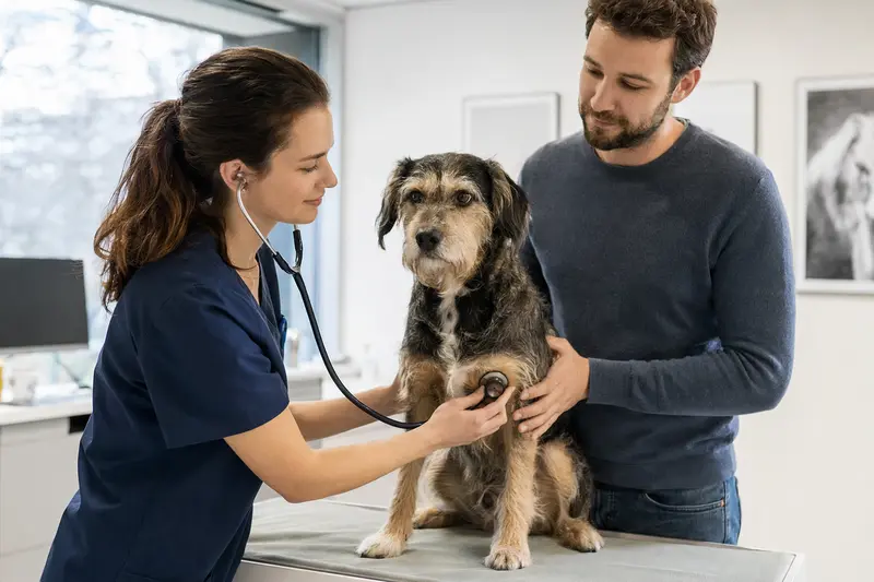 Ein ruhiger Chortaj Hund wird von einer freundlichen Tierärztin mit einem Stethoskop in einer modernen Tierarztpraxis untersucht.