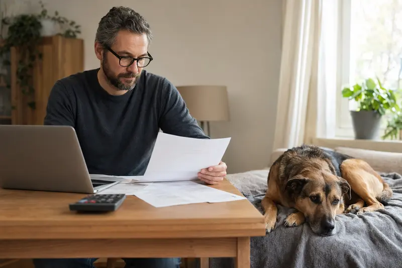 Ein Hundehalter sitzt mit einer Tierarztrechnung am Tisch, während ein entspannter Chortaj Hund auf einer Decke daneben liegt – ein realistisches Bild zum Thema Tierarztkosten und Hunderversicherung.